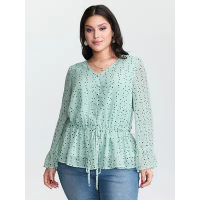 Bloomchic Women's Plus Size Polka Dots Waist-tie V-neck Blouse Mint Polka Dots Elegant Long Sleeve V-neck 22-2 In Green