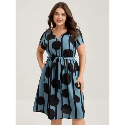 Bloomchic Women's Plus Size Polka Stripes Waist-tie Midi Dress Cerulean Geometric Knee Office 10/m In Blue
