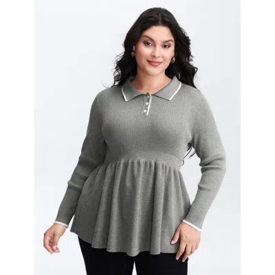 Bloomchic Women's Plus Size Polo Collar Cinched-waist Flared Pullover Darkgray Long Sleeve 12/l In Gray