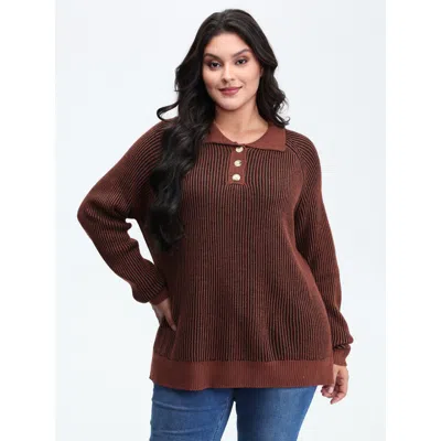 Bloomchic Women's Plus Size Polo Collar Color Contrast Textured Pullover Russet Long Sleeve 10/m In Brown