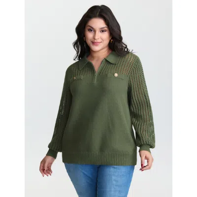 Bloomchic Women's Plus Size Polo Collar Cut-out Pullover Armygreen Not Graphics Long Sleeve Polo Collar 22-24/