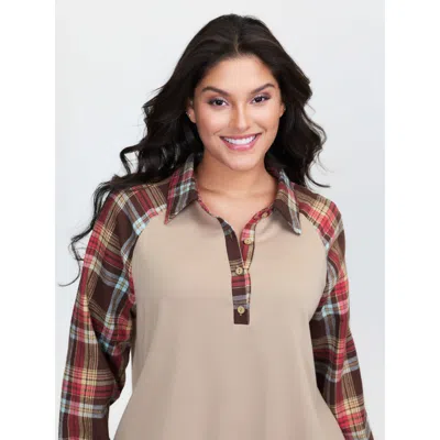 Bloomchic Women's Plus Size Polo Collar Plaid Contrast Half-placket Sweatshirt Lightbrown Casual 12/l In Brown