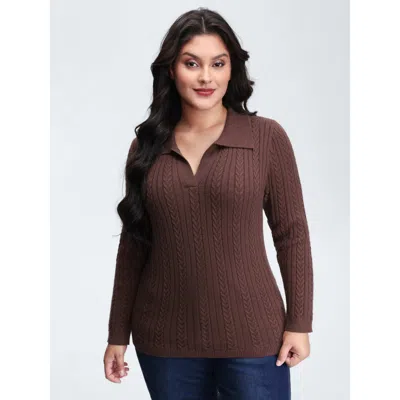 Bloomchic Women's Plus Size Polo Collar Textured Fitted Pullover Browncoffeecolor Long Sleeve 10/m