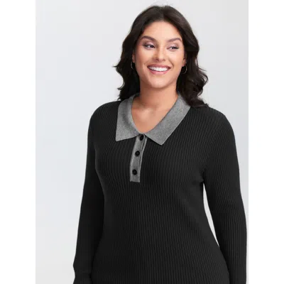 Bloomchic Women's Plus Size Polo Neck Contrast Metal Buttons Pullover Black Long Sleeve 22-24/3x