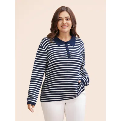 Bloomchic Women's Plus Size Polo Neck Striped Button Up Pullover Midnight Long Sleeve 12/l In Blue