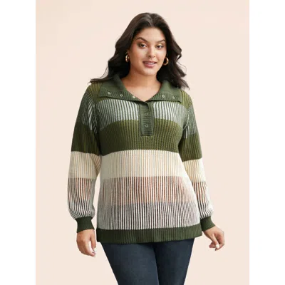 Bloomchic Women's Plus Size Polo Neck Texture Contrast Button Up Pullover Armygreen Long Sleeve 18-20/2x