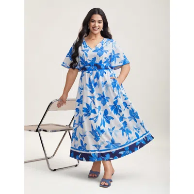 Bloomchic Women's Plus Size Positioned Floral Waist-cinched Midi Dress Darkblue Floral Midi Elegant Gathered 1 In Blue