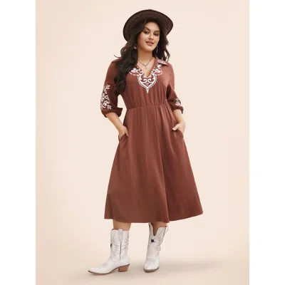 Bloomchic Women's Plus Size Precision Printing Waist-cinching Midi Dress Rust Bohemian Print Midi Vacation Col In Brown