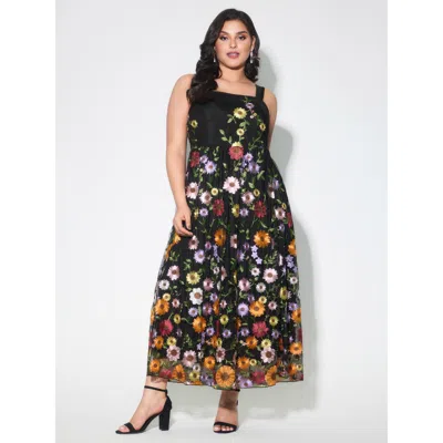Bloomchic Women's Plus Size Pretty Florals Embroidered Mesh Maxi Dress Black Party Maxi Embroidered Square Nec