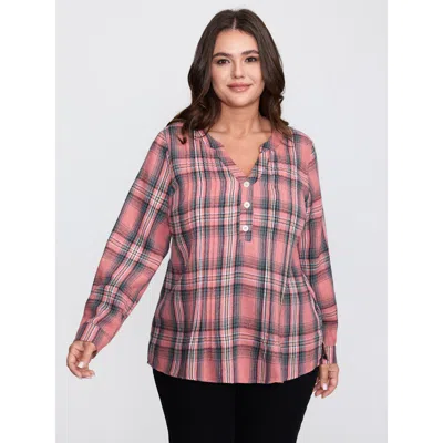 Bloomchic Women's Plus Size Pretty Plaid Toothpick Pleats Blouse Rouge Plaid Casual Extra Long Sleeve 10/m In Red