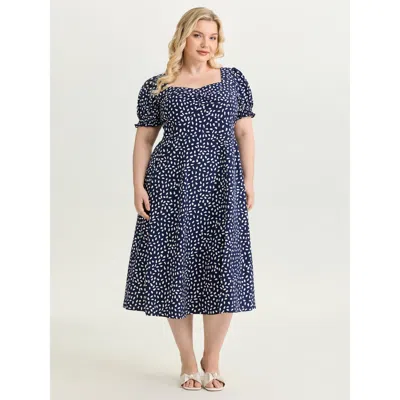 Bloomchic Women's Plus Size Pretty Polka Dots Sweetheart Midi Dress Darkblue Animal Motif Midi Elegant Smocked In Blue