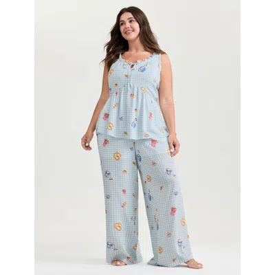 Bloomchic Women's Plus Size Pretzel Coffee Print Drawstring Co-ord Pajama Set Lightblue Plaid Sleeveless Tie K In Blue