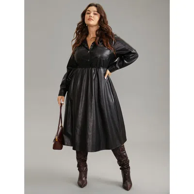 Bloomchic Women's Plus Size Pu Leather Elastic Waist Button Up Dress Black Office Plain 12/l
