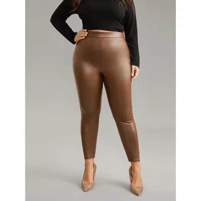 Bloomchic Women's Plus Size Pu Leather Elastic Waist Leggings Darkbrown Medium Stretch High Rise Going Out 12/ In Brown