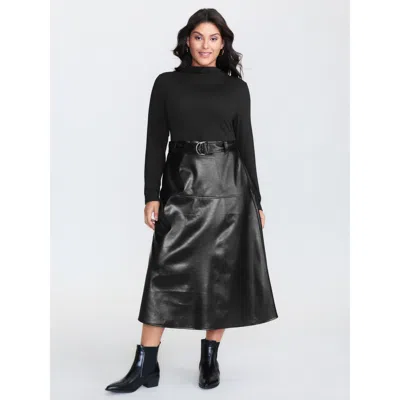 Bloomchic Women's Plus Size Pu Leather Mock Neck Belted Midi Dress Black Solid Midi Casual Patchwork 12/l