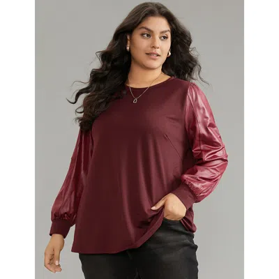 Bloomchic Women's Plus Size Pu Leather Patchwork Crew Neck Sweatshirt Scarlet Plain Dailywear 14-16/1x In Red