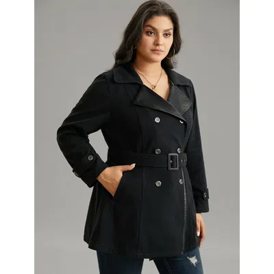 Bloomchic Women's Plus Size Pu Leather Patchwork Lapel Collar Double Breasted Belted Coat Black Belted 10/m
