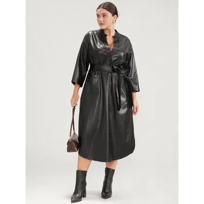 Bloomchic Women's Plus Size Pu Leather Pocket Belted Arc Hem Dress Black Solid Going Out Belted 10/m