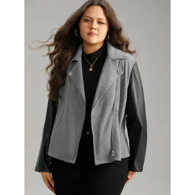 Bloomchic Women's Plus Size Pu Leather Zipper Contrast Button Detail Jacket Black Colorblock 10/m