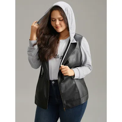 Bloomchic Women's Plus Size Pu Leather Zipper Hooded Drawstring Jacket Black Colorblock 10/m