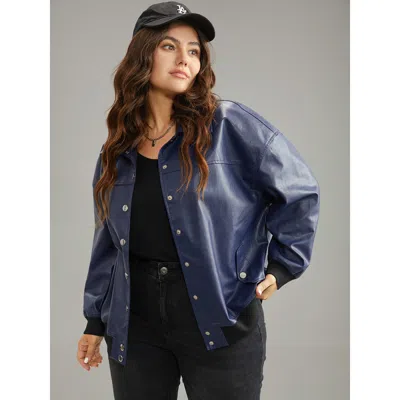 Bloomchic Women's Plus Size Pu Patchwork Pocket Button Through Jacket Indigo Elastic Cuffs 10/m In Purple