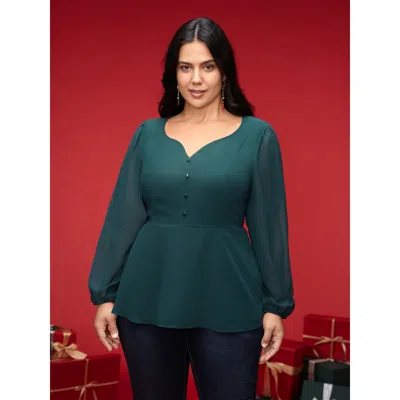 Bloomchic Women's Plus Size Puff Sleeves Front Placket Chiffon Blouse Darkslategray Non Everyday Long Sleeve 2