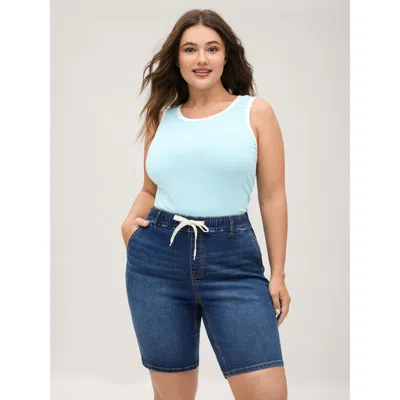 Bloomchic Women's Plus Size Pull-on Contrast Drawstring Skinny-fit Denim Shorts Denimindigo Lace-up High Rise 
