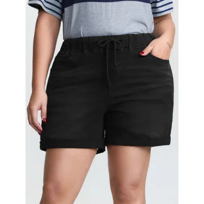 Bloomchic Women's Plus Size Pull-on Drawstring Elastic Waist Denim Shorts Black Smocked High Rise High Stretch