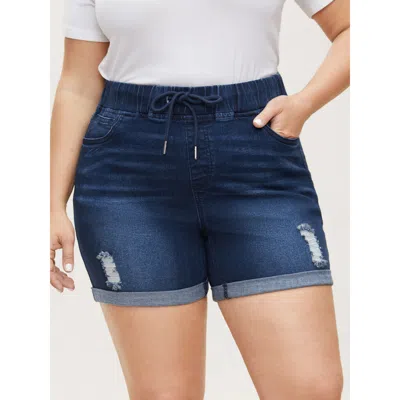 Bloomchic Women's Plus Size Pull-on Drawstring Elastic Waist Denim Shorts Indigo Smocked High Rise High Stretc In Purple