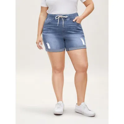Bloomchic Women's Plus Size Pull-on Drawstring Elastic Waist Denim Shorts Lightblue Smocked High Rise High Str In Blue
