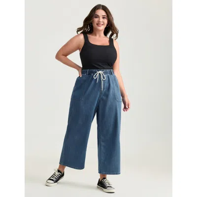 Bloomchic Women's Plus Size Pull-on Drawstring Elastic Waistband Wide-leg Jeans Denimlightblue Wide Leg Low St