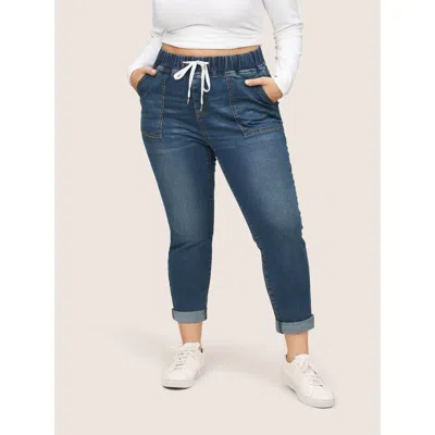 Bloomchic Women's Plus Size Pull-on Drawstring Folded Hem Boyfriend Jeans Darkblue Not Graphics Smocked Boyfri In Blue