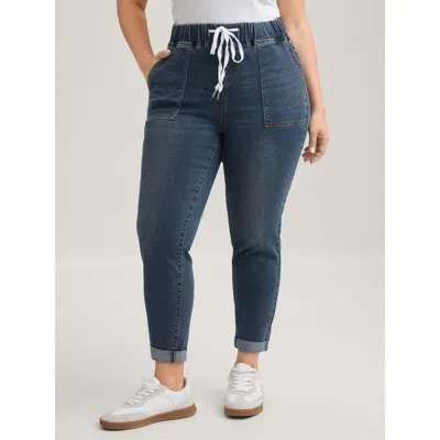 Bloomchic Women's Plus Size Pull-on Drawstring Folded Hem Boyfriend Jeans Darkblue Not Graphics Smocked Boyfri In Blue