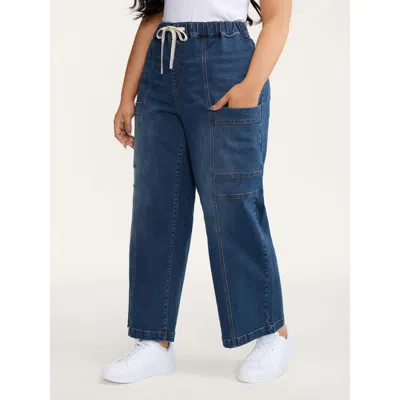 Bloomchic Women's Plus Size Pull-on Drawstring Straight-leg Cargo Jeans Bluevintage Not Graphics Smocked Strai