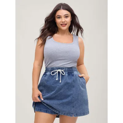 Bloomchic Women's Plus Size Pull-on Elastic Waist Denim Skort Midblue Smocked High Rise No Stretch Casual 26/4