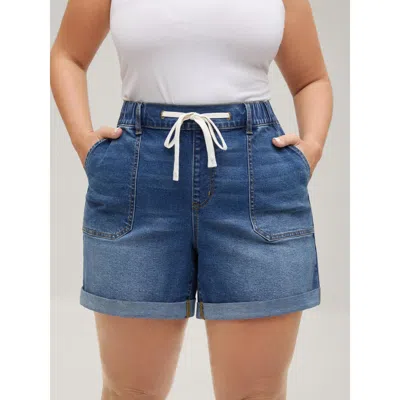 Bloomchic Women's Plus Size Pull-on Folded Hem High-rise Denim Shorts Bluevintage Smocked High Rise Casual 12/