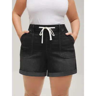 Bloomchic Women's Plus Size Pull-on Folded Hem High-rise Denim Shorts Denimblack Smocked High Rise Casual 10/m In Black