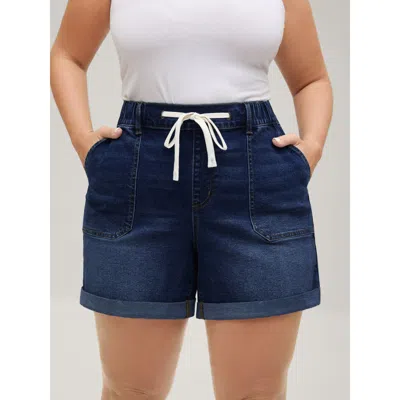 Bloomchic Women's Plus Size Pull-on Folded Hem High-rise Denim Shorts Denimindigo Smocked High Rise Casual 12/