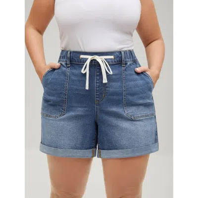 Bloomchic Women's Plus Size Pull-on Folded Hem High-rise Denim Shorts Denimlightblue Smocked High Rise Casual 