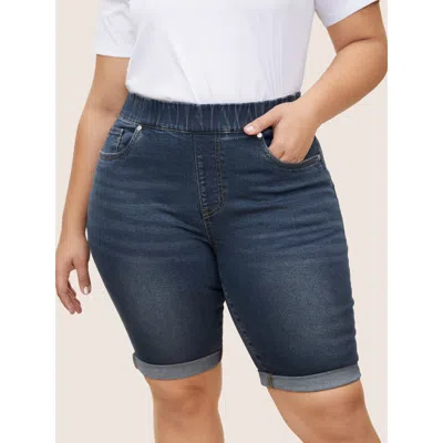 Bloomchic Women's Plus Size Pull-on Folded Hem Knee-length Denim Shorts Stone Non High Rise Casual 10/m In Gray