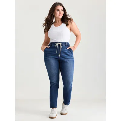 Bloomchic Women's Plus Size Pull-on High-rise Drawstring Boyfriend Jeans Darkindigo Not Graphics Lace-up Boyfr In Purple