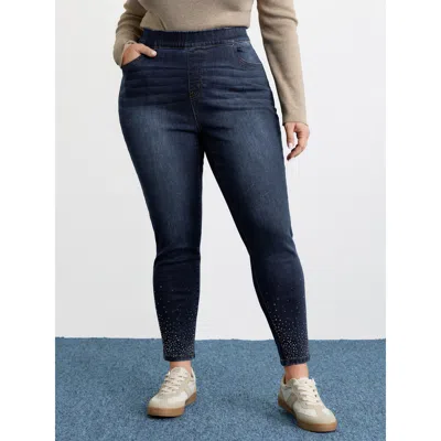 Bloomchic Women's Plus Size Pull-on Rhinestone Hem Cropped Jeans Darkindigo Not Graphics Rhinestone Detailing  In Purple