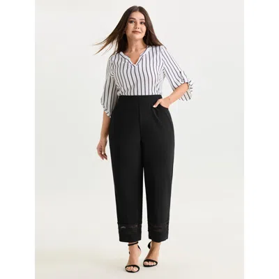 Bloomchic Women's Plus Size Pull-on Sheer Lace Hem Cuffed Pants Black Solid Straight Fit Mid Rise Office 10/m