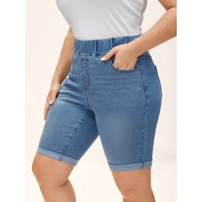 Bloomchic Women's Plus Size Pull-on Stretchy Skinny-fit Denim Shorts Denimblue Non High Rise Medium Stretch Ca In Blue