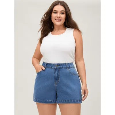 Bloomchic Women's Plus Size Pull-on Stretchy Waist Denim Shorts Denimblue Medium Stretch Casual 10/m In Blue