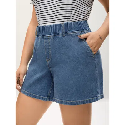 Bloomchic Women's Plus Size Pull-on Stretchy Waist Straight-leg Denim Shorts Denimblue Non High Rise Low Stret In Blue