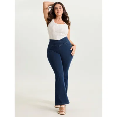 Bloomchic Women's Plus Size Pull-on Stretchy Wide Waistband Skinny-fit Jeans Midblue Flared Highest Stretchine
