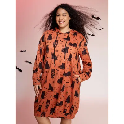 Bloomchic Women's Plus Size Pumpkin Cat Print Hooded Midi Lounge Dress Brightorange Knee 10/m