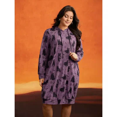Bloomchic Women's Plus Size Pumpkin Cat Print Hooded Midi Lounge Dress Mauve Knee 22-24/3x In Purple