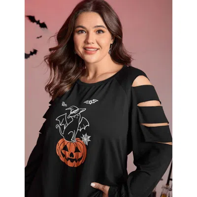 Bloomchic Women's Plus Size Pumpkin Cat Shoulder Laser Cut-out Sweatshirt Black Graphic-halloween Casual 14-16